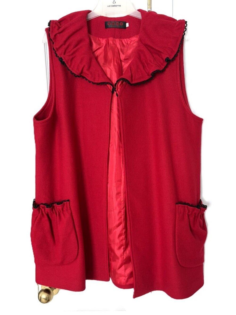 Red Wool Vest Ruffled Collar Size 2X